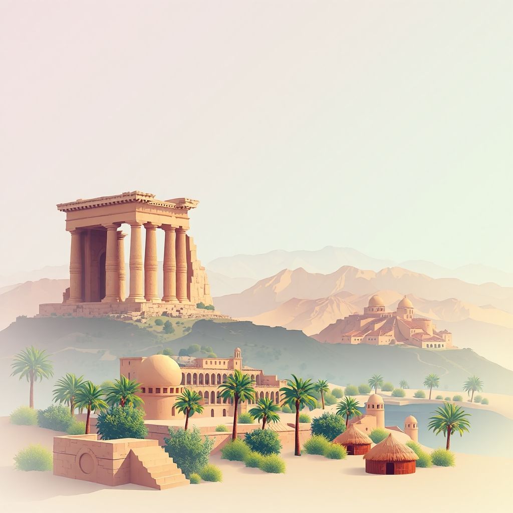 Ultra-high-definition gradient illustration of Commune de Dhalaa, featuring the ancient Roman ruins of Madauros, the Aurès Mountains, and local cuisine like couscous and Méchoui.