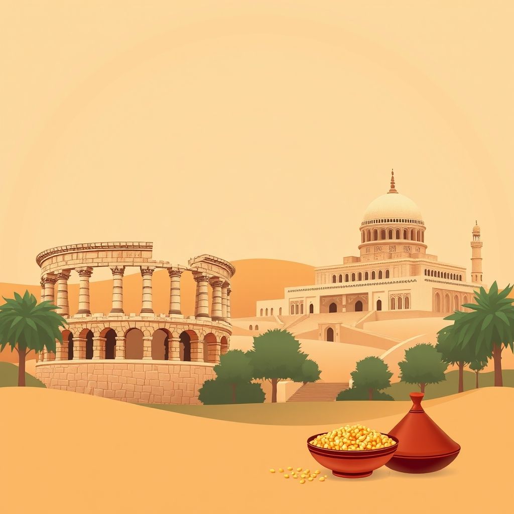 Ultra-high-definition gradient illustration of Commune de Damous, Damous, Tipaza, Algeria, featuring the Tipaza Amphitheatre, Royal Mausoleum of Mauretania, and local dishes like couscous and tagine.