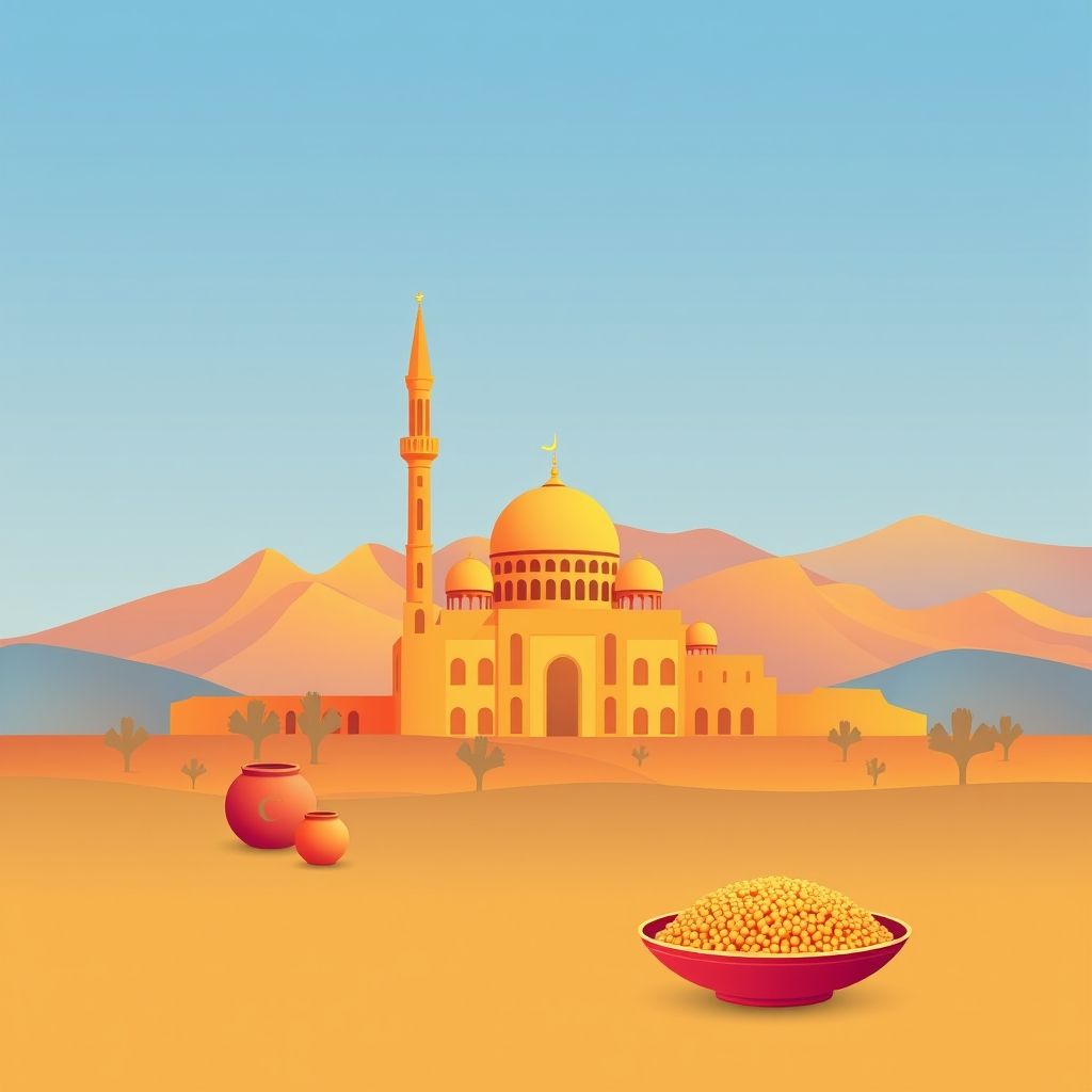 Ultra-high-definition gradient illustration of Dahmouni, Tiaret, Algeria, featuring the Dahmouni Mosque, Tiaret mountains, traditional pottery, and couscous.