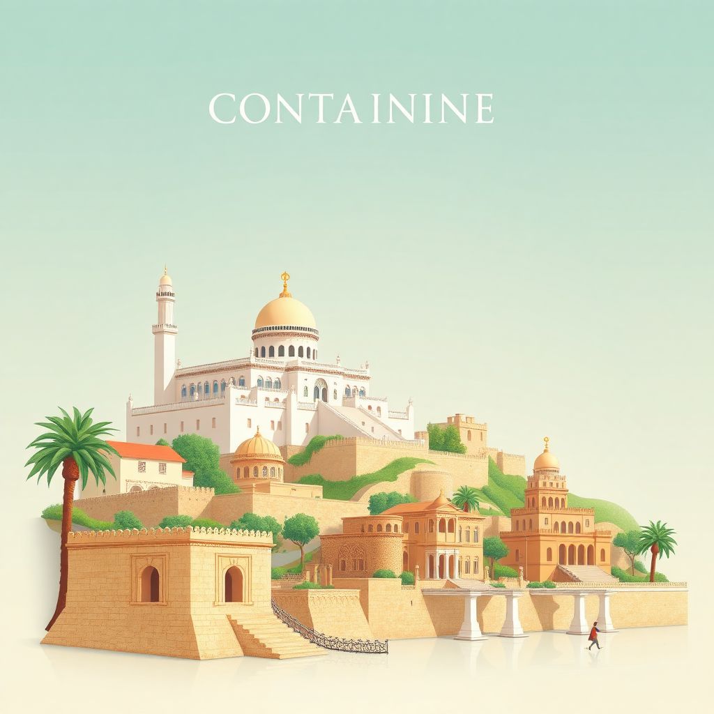 Ultra-high-definition gradient illustration style Constantine illustration, showing the unique charm of the Ahmed Bey Palace, the Pont Sidi M'Cid, and the ancient ruins of Tiddis.