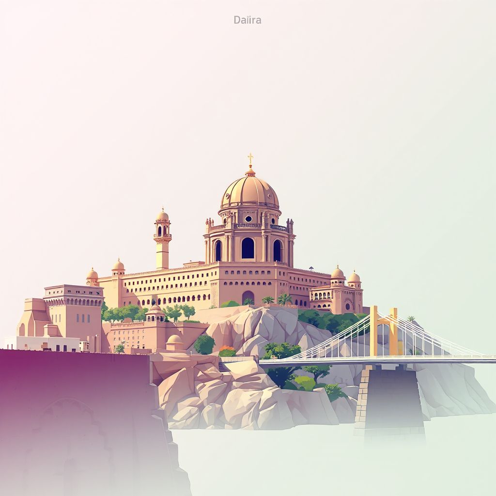 Ultra-high-definition gradient illustration of Daira de Constantine, featuring Ahmed Bey Palace and Suspended Bridges of Constantine, showcasing the region's rich history and culture.