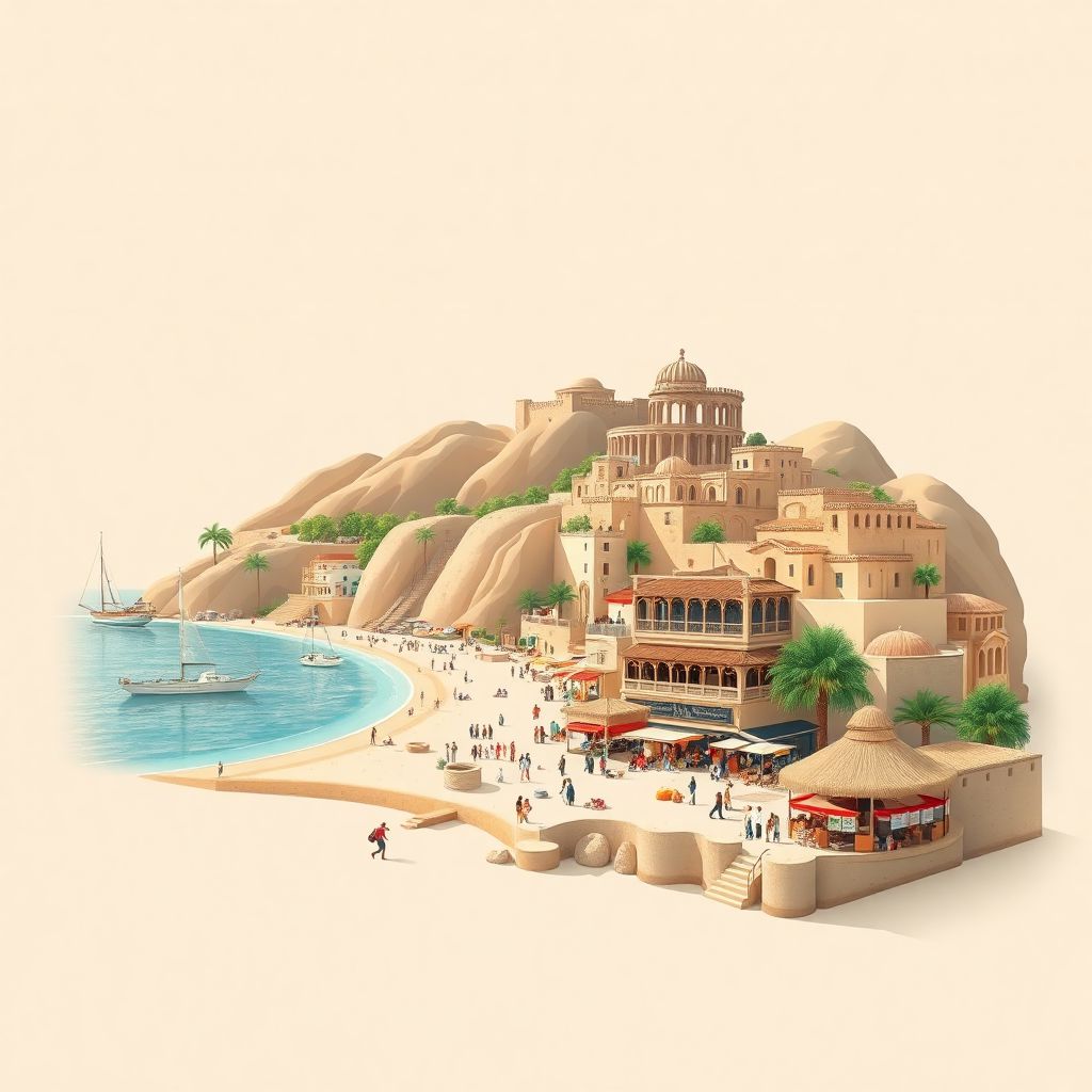 Ultra-high-definition gradient illustration style Daira de Collo illustration, showing the unique charm of Collo Beach, Roman ruins, and the local market.