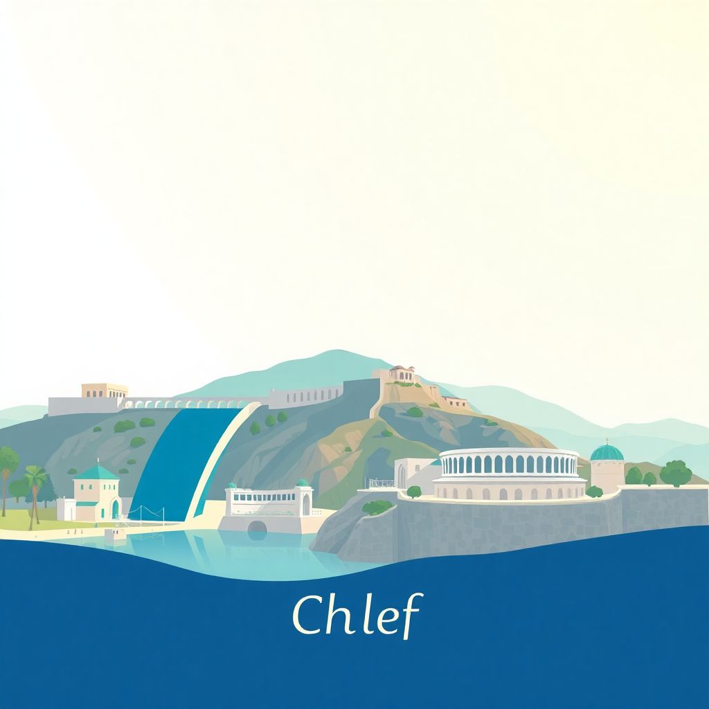 Ultra-high-definition gradient illustration style Chlef illustration, showing the unique charm of the Chlef Dam and the Chlef Amphitheater.
