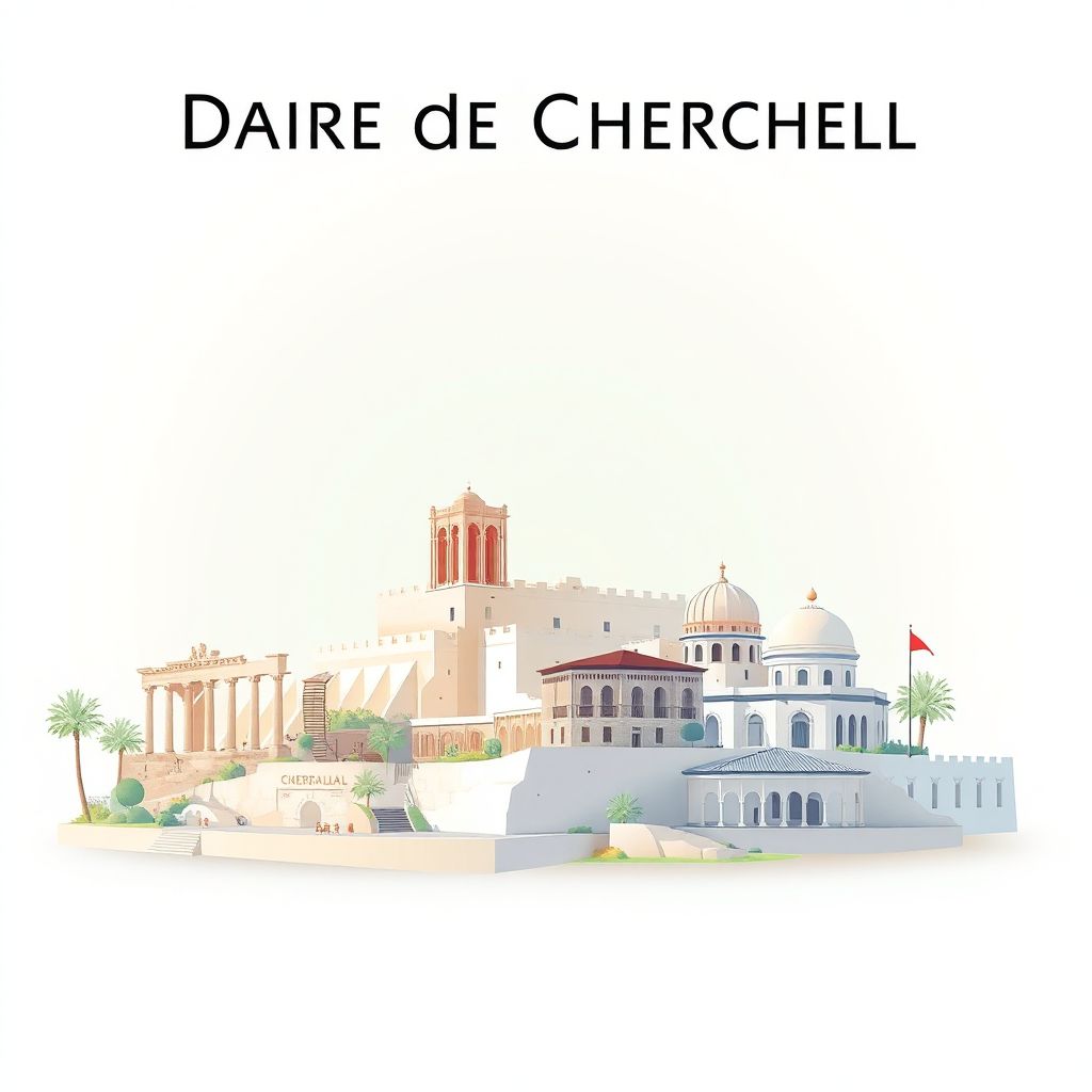 Ultra-high-definition gradient illustration style Daira de Cherchell artwork, showcasing the Roman Ruins of Tipaza and the Cherchell Museum.