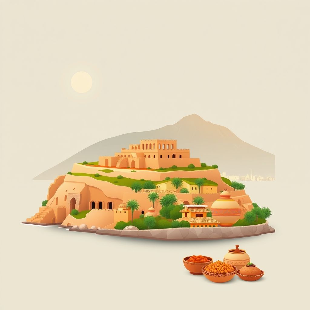 Ultra-high-definition gradient illustration of Chemini, Bejaia, Algeria, featuring the ancient ruins of Djemila, Bejaia coastline, Kabyle pottery, and couscous.