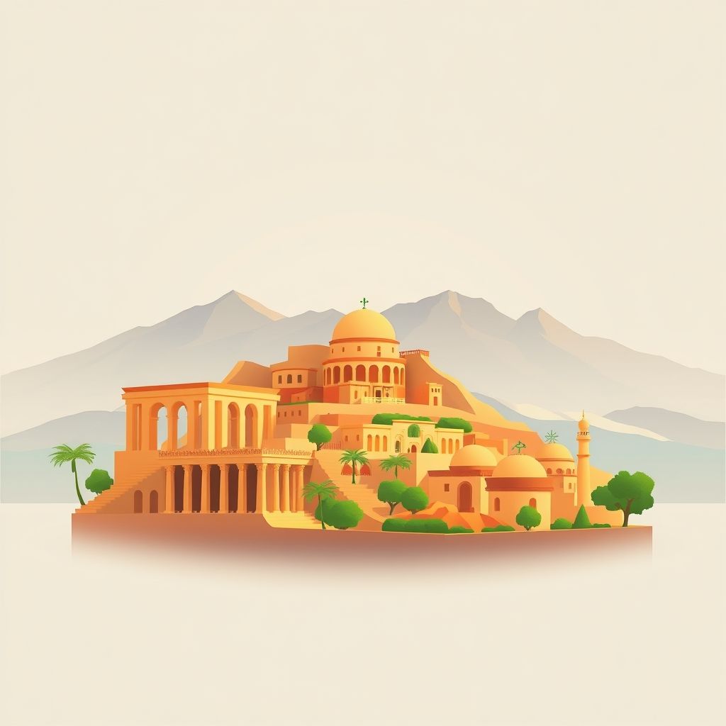 Ultra-high-definition gradient illustration of Commune de Charef, featuring ancient Roman ruins, Atlas Mountains, and traditional Algerian cuisine.