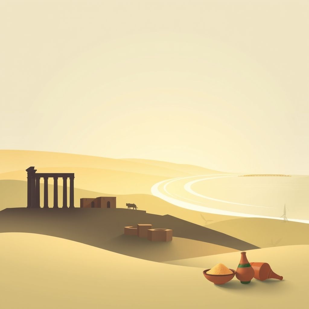 Ultra-high-definition gradient illustration of Commune de Chahana, Taher, Jijel, Algeria, featuring the ancient Roman ruins of Cuicul, beautiful beaches, and local specialties like couscous and tagine.