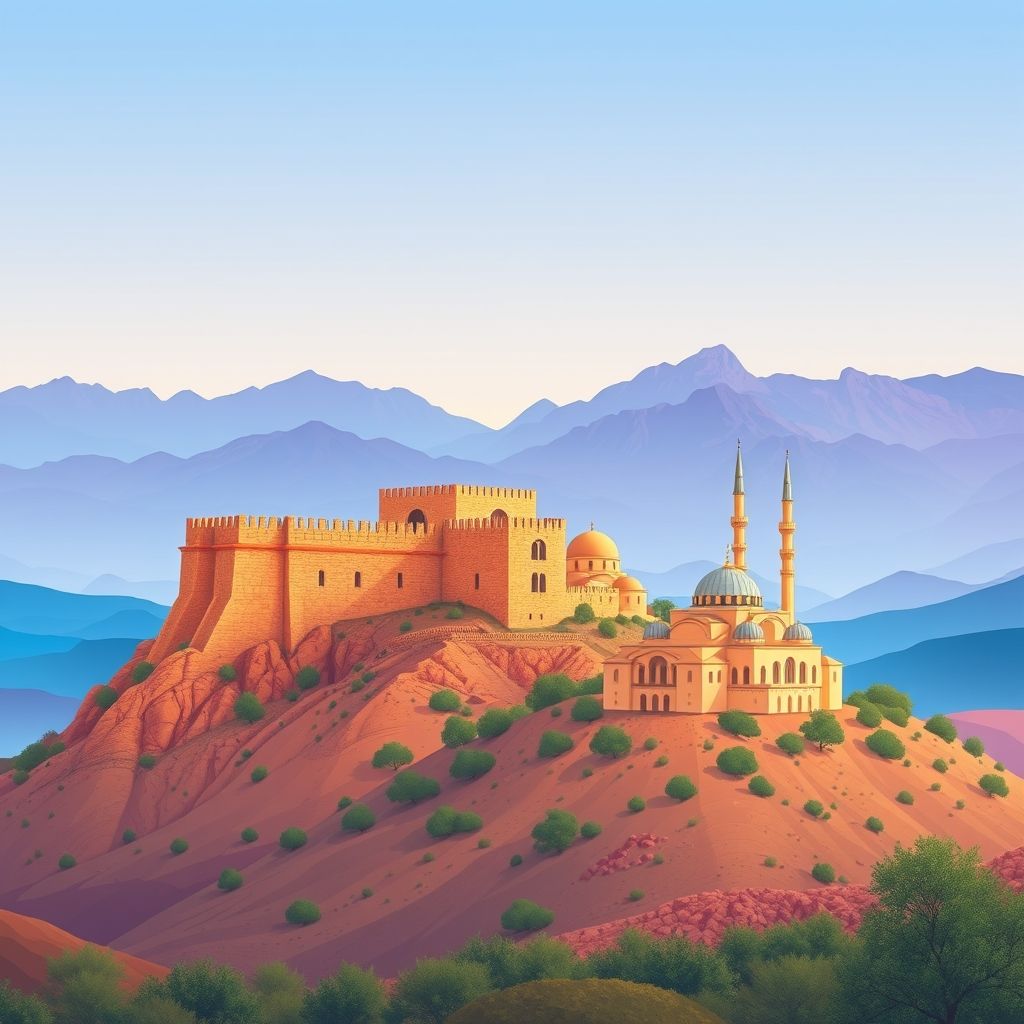 Ultra-high-definition gradient illustration of Commune de Brida, featuring Laghouat Citadel, Atlas Mountains, El-Mokrani Mosque, and couscous.