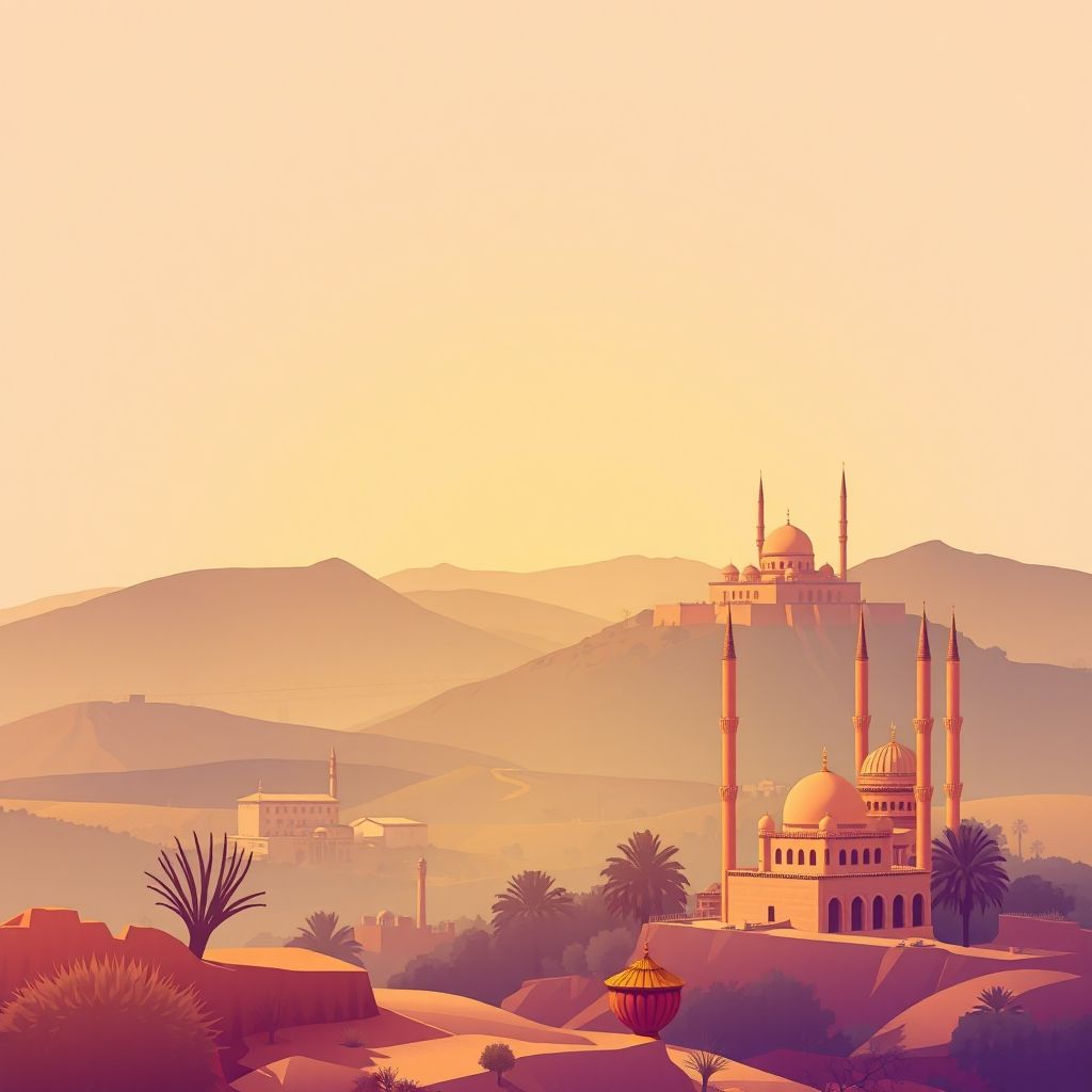 Ultra-high-definition gradient illustration of Commune de Bousselam, featuring Djemila ruins, landscapes, Berber architecture, mosques, and couscous.