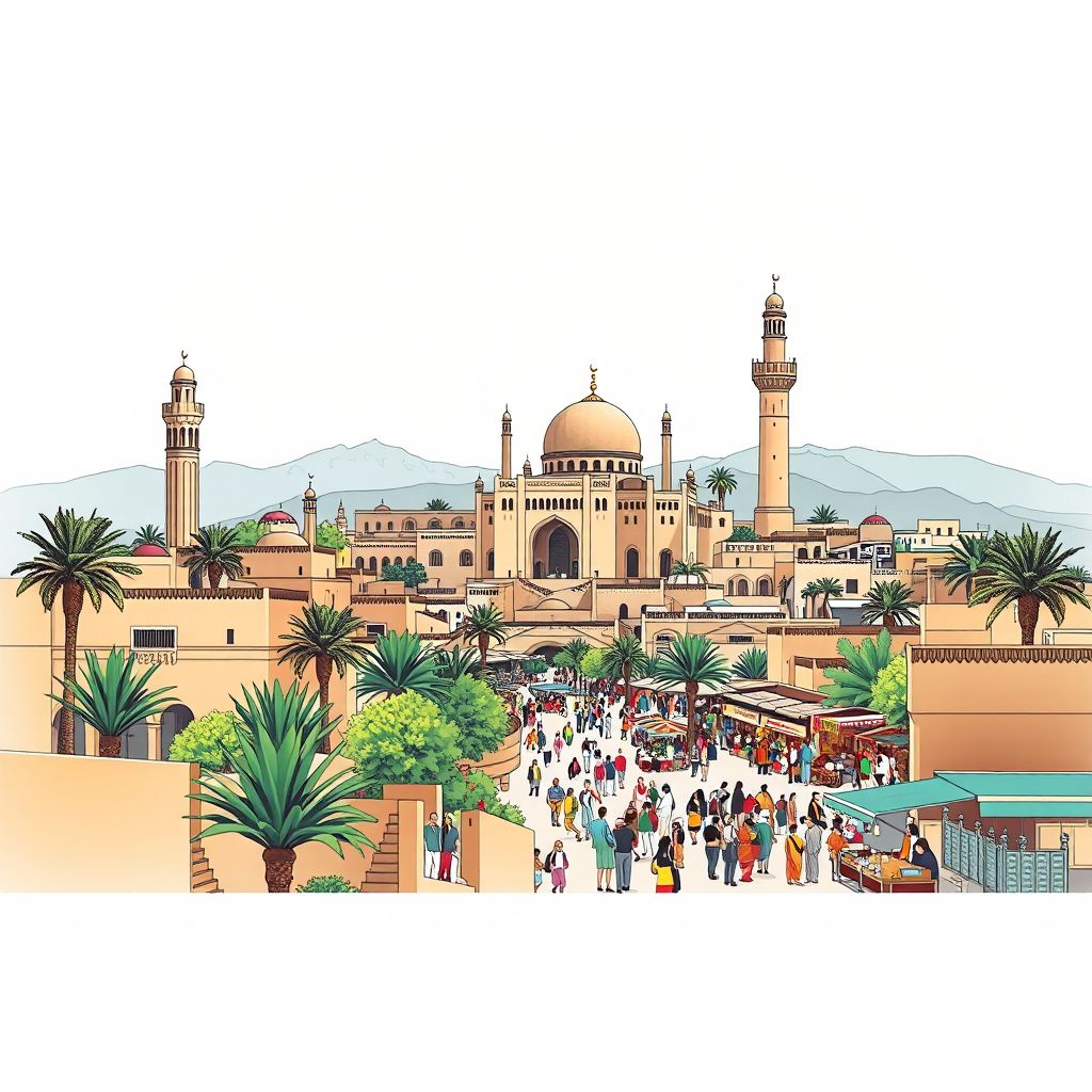 Ultra-high-definition gradient illustration of Daira de Bou Saada, showing the Bou Saada Oasis, Bou Saada Mosque, and Bou Saada Market.