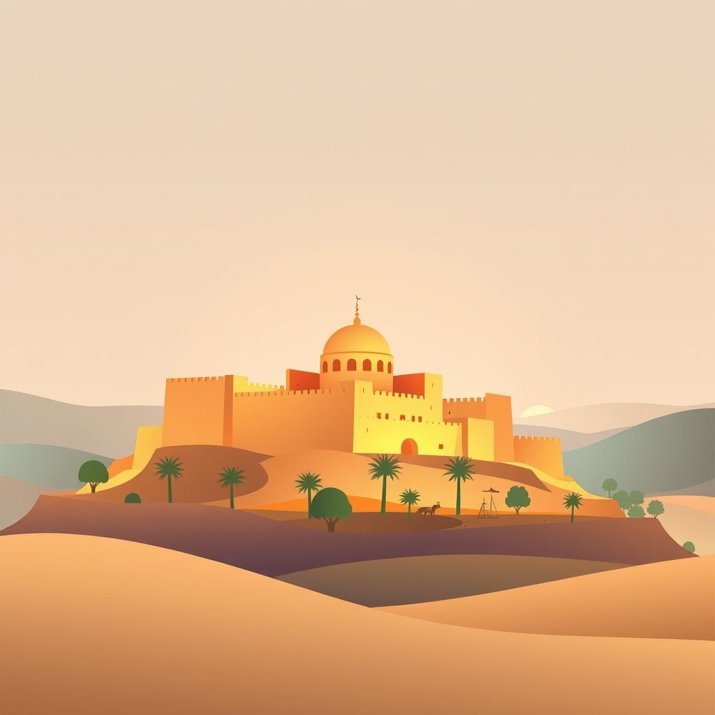 Ultra-high-definition gradient illustration style Bou Saâda illustration, showing the unique charm of the Ksar of Bou Saâda and couscous.