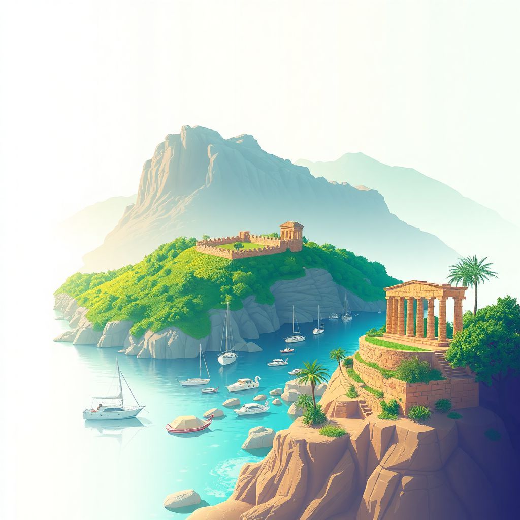 Ultra-high-definition gradient illustration of Boumerdes, featuring Djurdjura National Park, ancient Roman ruins, and the Mediterranean coastline.
