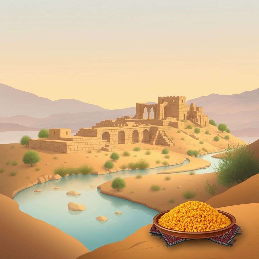 Ultra-high-definition gradient illustration of Boukadir, Chlef, Algeria, featuring the ancient ruins of Tipasa, the Chlef River, Berber textiles, and couscous.