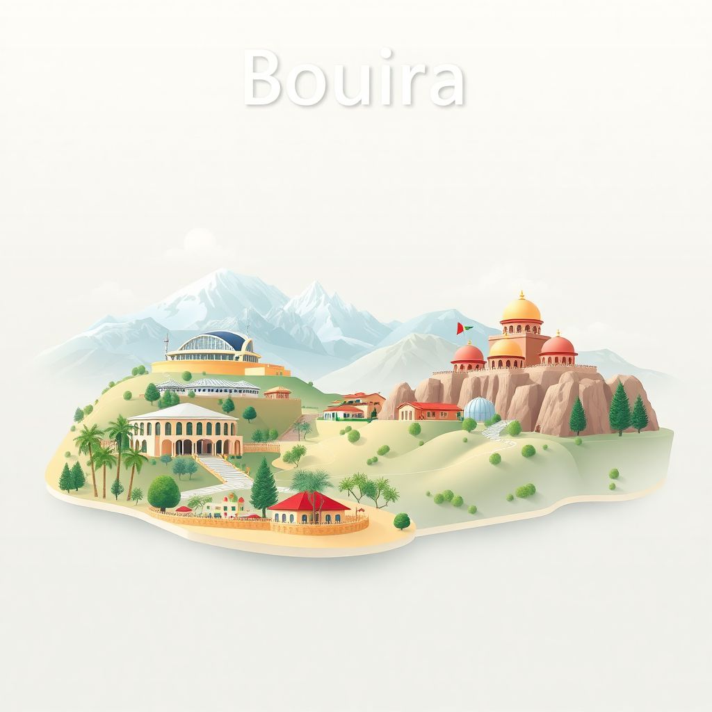 Ultra-high-definition gradient illustration style Bouira illustration, showing the unique charm of the Tikjda Ski Resort and the Djurdjura National Park.