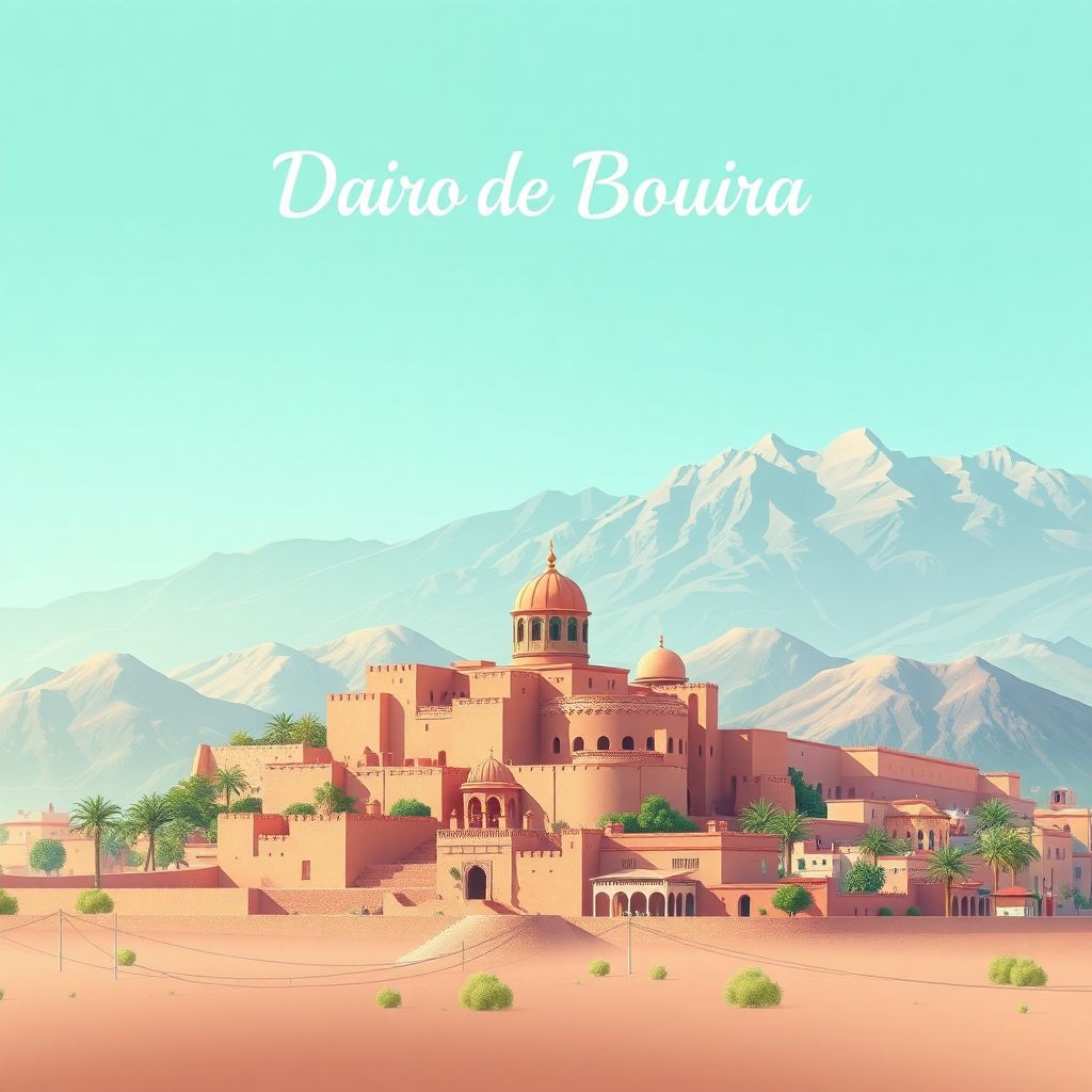 Ultra-high-definition gradient illustration style Bouira illustration, featuring the Kasbah of Bouira and the Atlas Mountains.