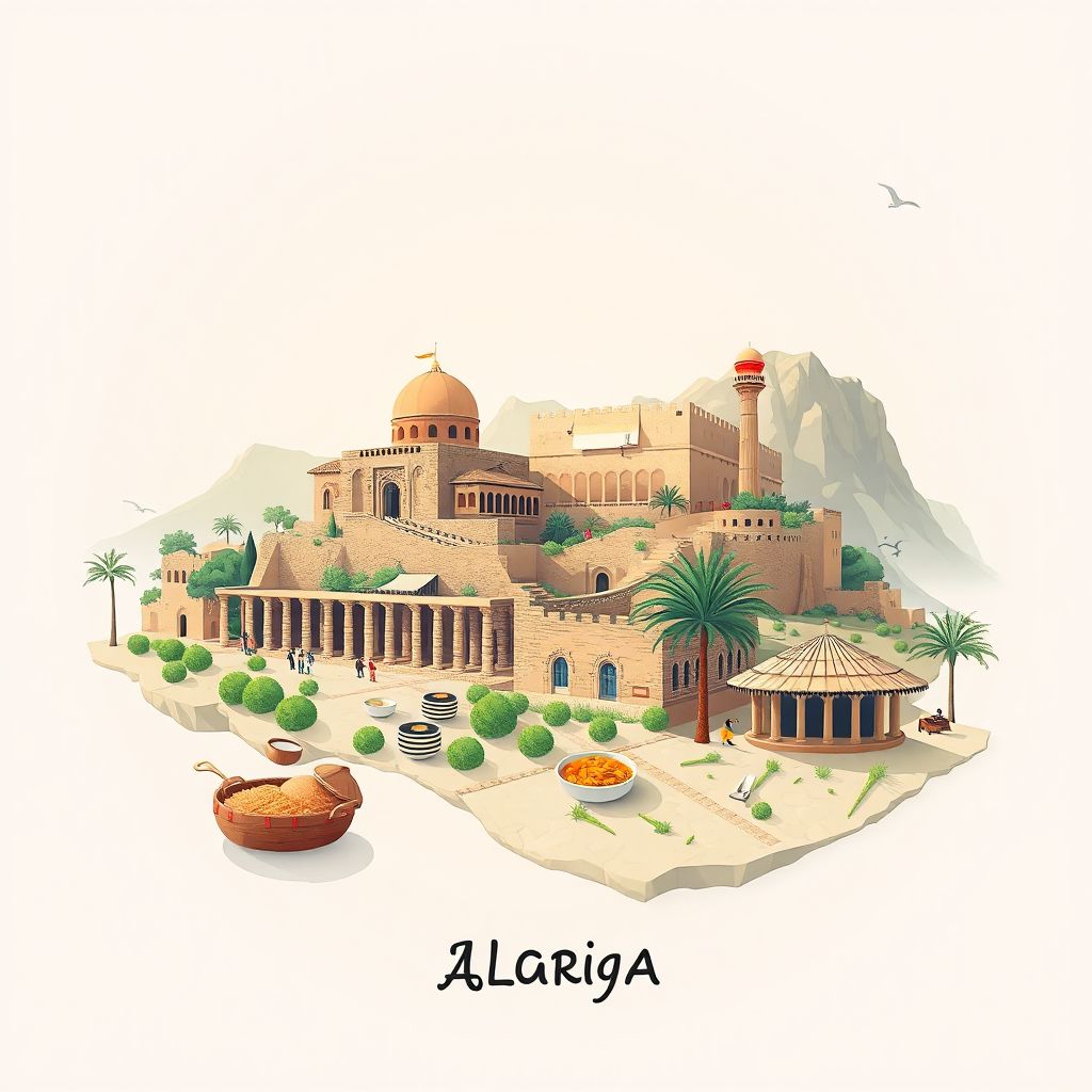 Ultra-high-definition gradient illustration style artwork of Daira de Bougaa, Setif, Algeria, featuring the ancient Roman ruins of Djemila and traditional Algerian couscous.