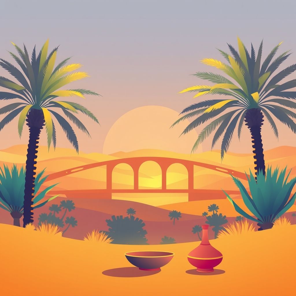 Ultra-high-definition gradient illustration of Commune de Bouchagroun, Tolga, Biskra, Algeria, featuring El Kantara Bridge, Biskra date palms, and Méchoui.