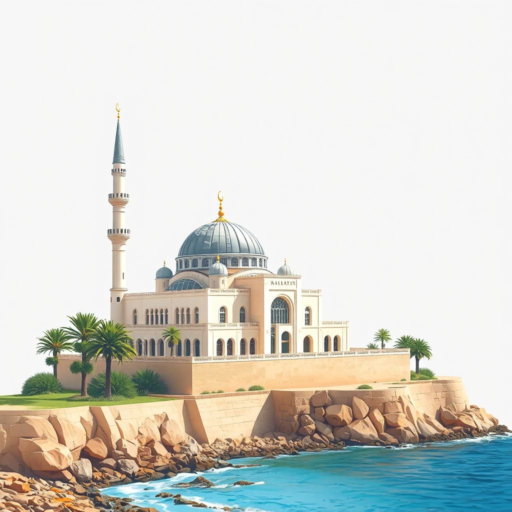 Ultra-high-definition gradient illustration style image of Bordj Menaiel, showing the Bordj Menaiel Mosque and the Mediterranean coastline.