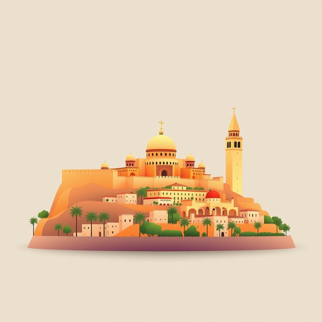 Ultra-high-definition gradient illustration of Bordj el Kiffan, Algeria, featuring the Martyrs' Memorial, the Casbah of Algiers, and couscous.