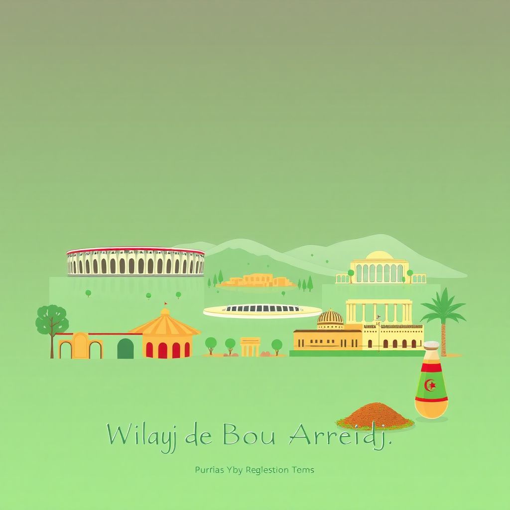 Gradient illustration of Wilaya de Bordj Bou Arreridj, featuring Bordj Bou Arreridj Stadium, Tiklat ruins, and local cuisine.