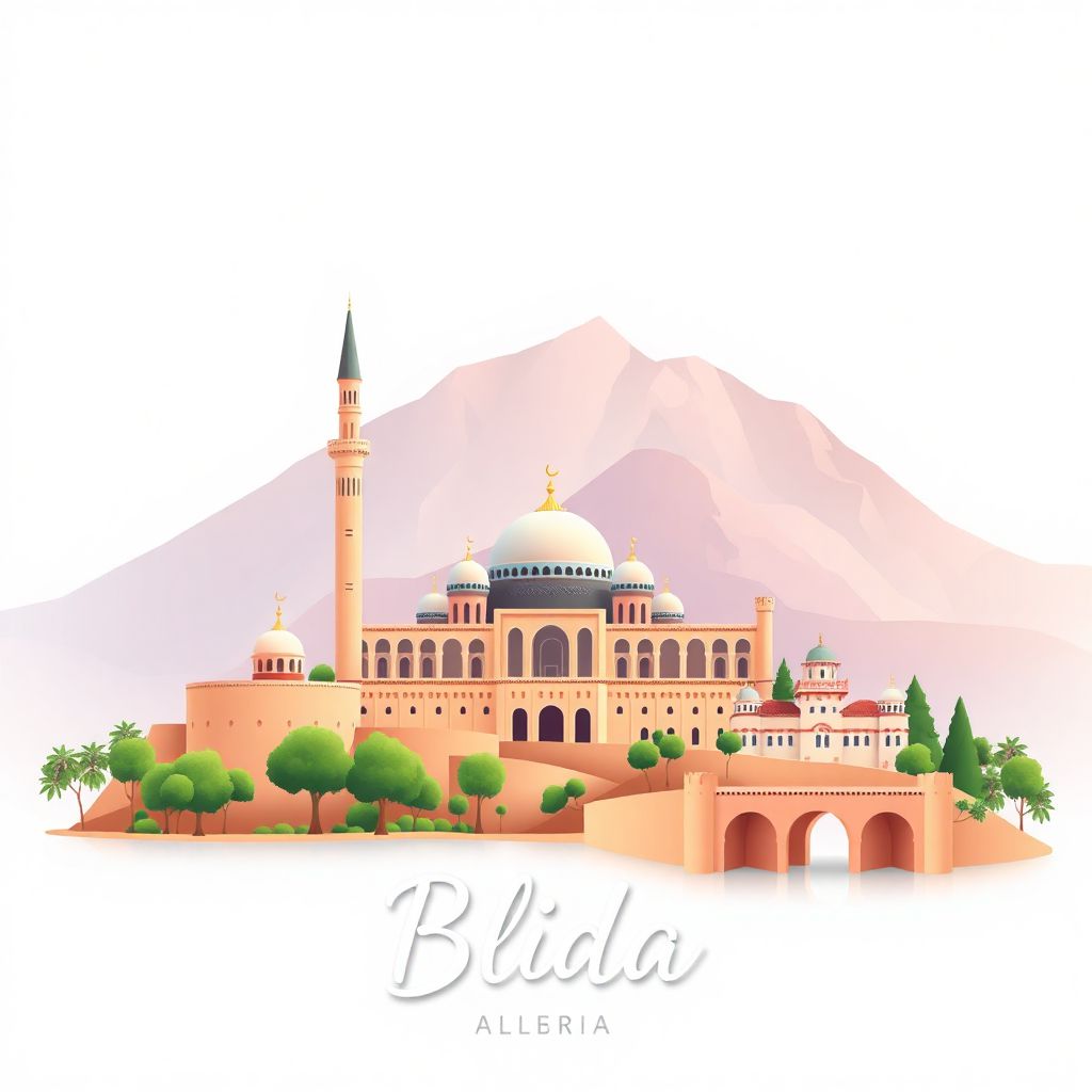 Ultra-high-definition gradient illustration style Blida artwork, featuring the Beni Mered Mosque and the Chrea National Park.