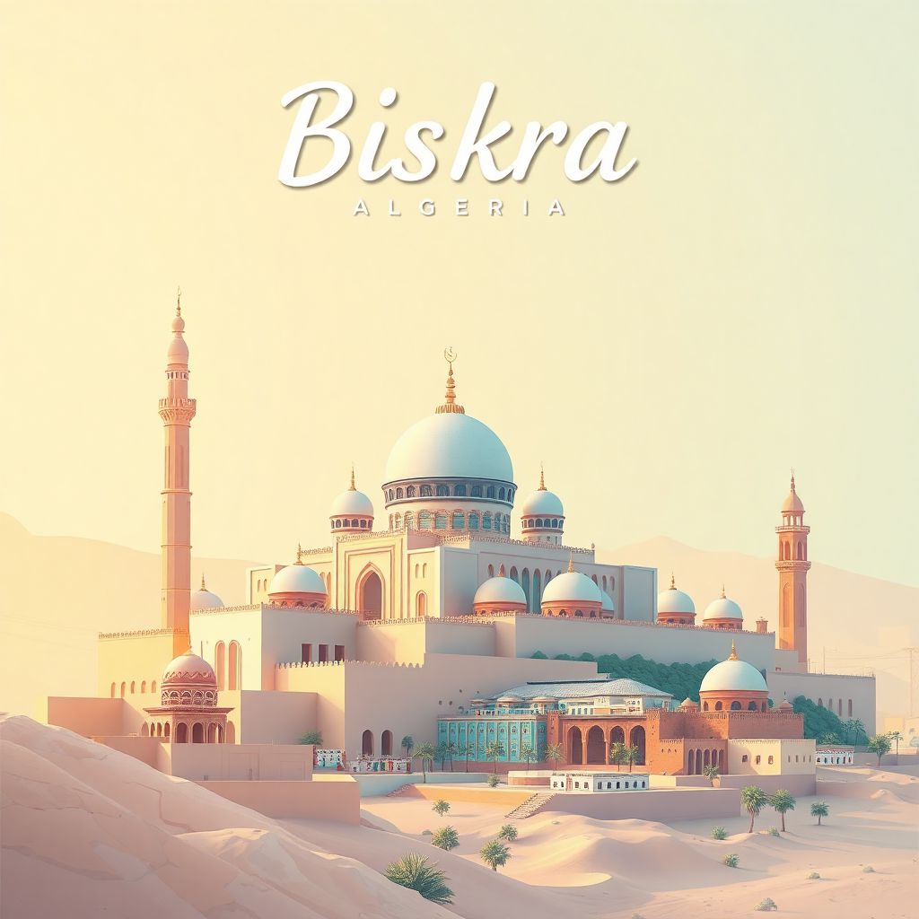 Ultra-high-definition gradient illustration style Biskra illustration, featuring the Grand Mosque of Biskra and the historic oasis town of El Oued.
