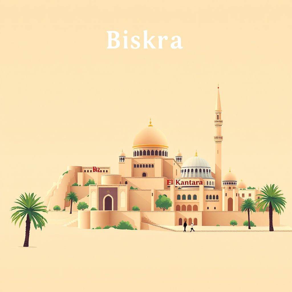 Ultra-high-definition gradient illustration style Biskra, Algeria, featuring the Sidi Okba Mausoleum, El Kantara oasis, and historic Grand Mosque.