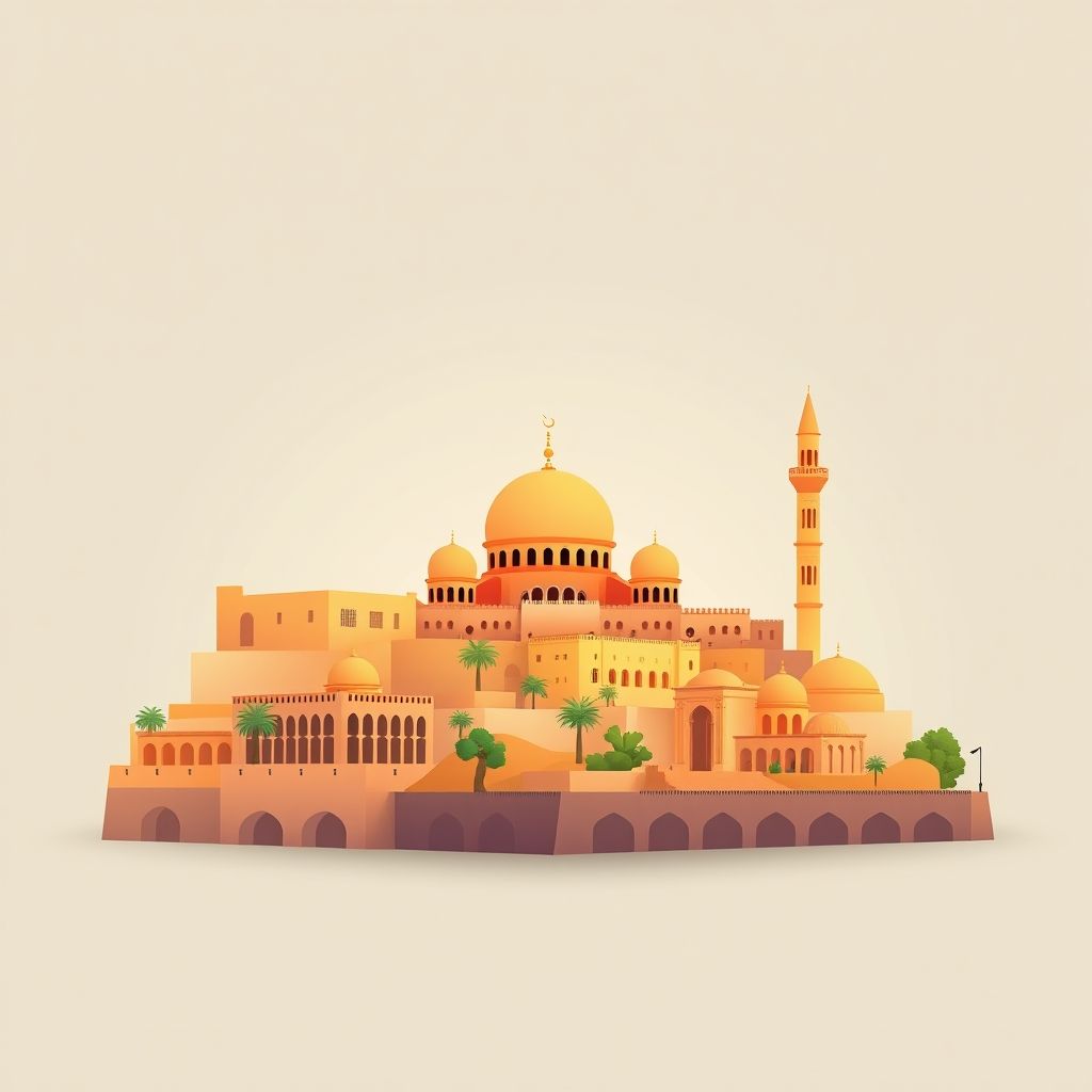 Ultra-high-definition gradient illustration of Commune de Ben Badis, featuring the Great Mosque of Tlemcen, Mansourah ruins, and local cuisine like couscous.