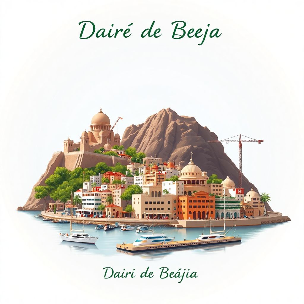 Ultra-high-definition gradient illustration style Daira de Bejaia illustration, showing the unique charm of the Cap Carbon, the Pic des Singes, and the Bejaia Port.
