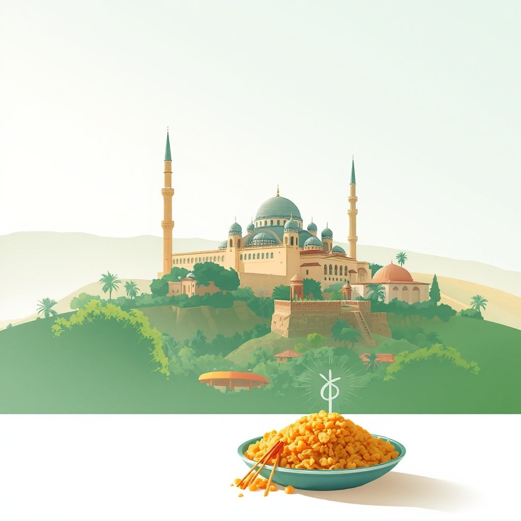 Gradient illustration of Bechloul, Algeria with Bechloul Mosque, Djurdjura National Park, and Couscous.