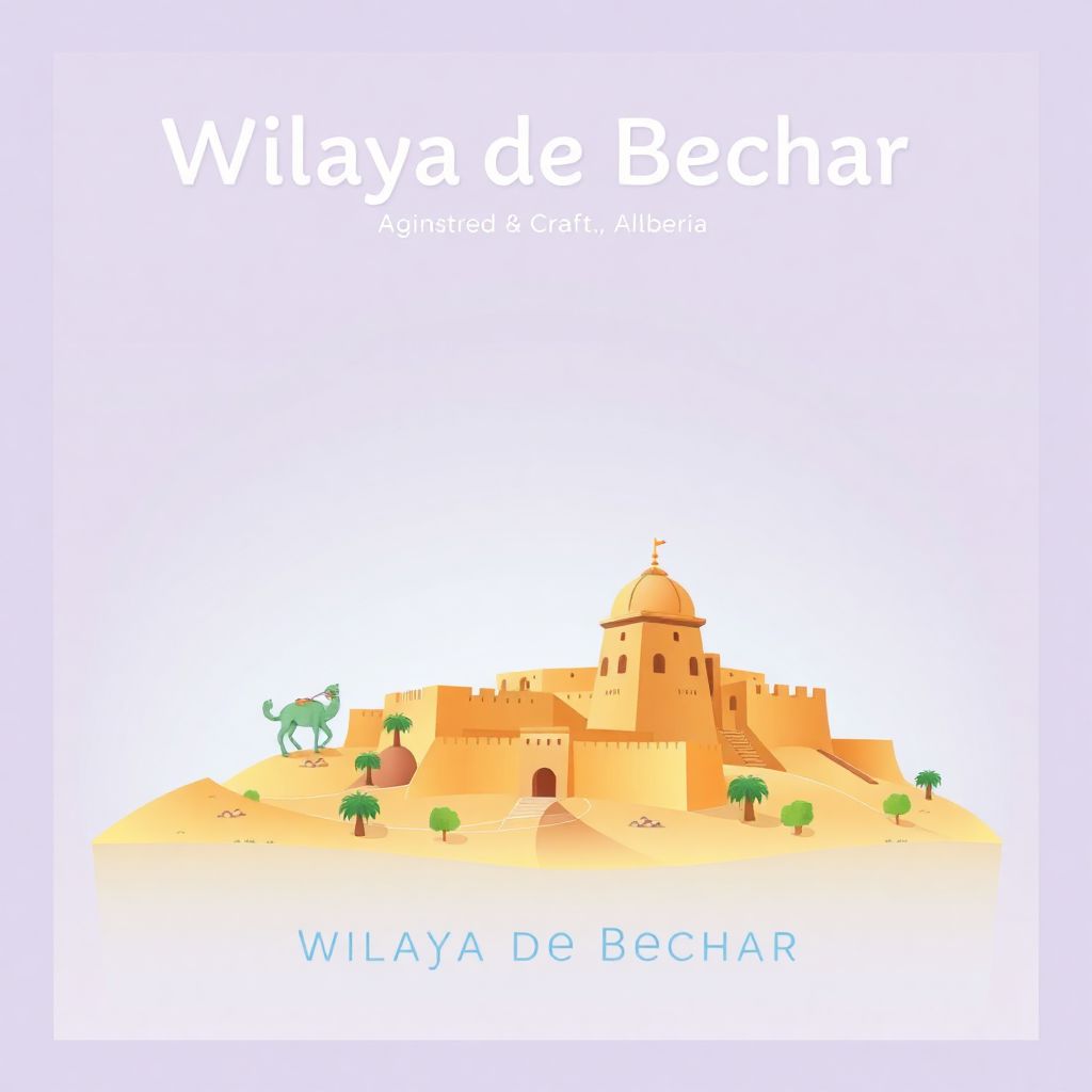 Ultra-high-definition gradient illustration of Wilaya de Bechar, Bechar, Algeria, featuring the Grand Erg Occidental and the historic Fort de Bechar.
