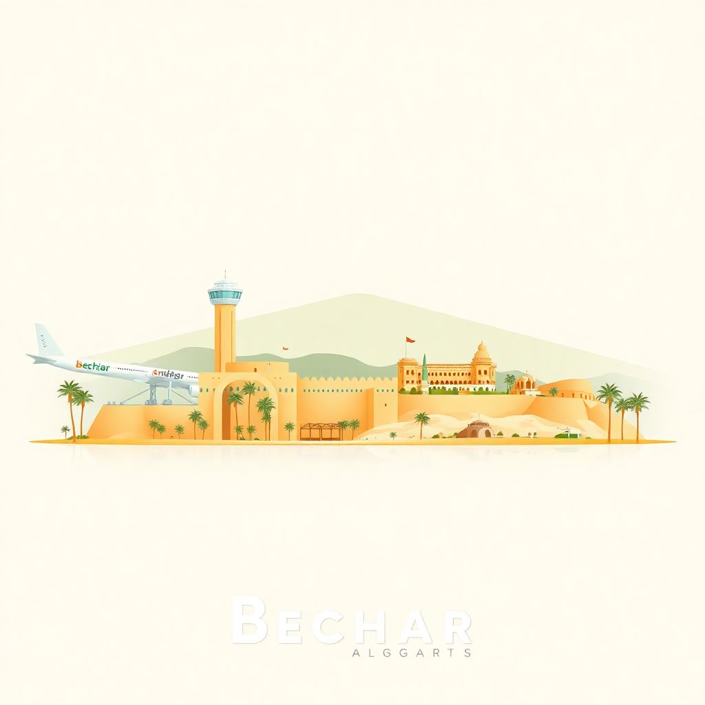 Ultra-high-definition gradient illustration style Bechar illustration, showing the unique charm of the Bechar Airport, the historic Fort de Bechar, and the Saharan desert landscapes.