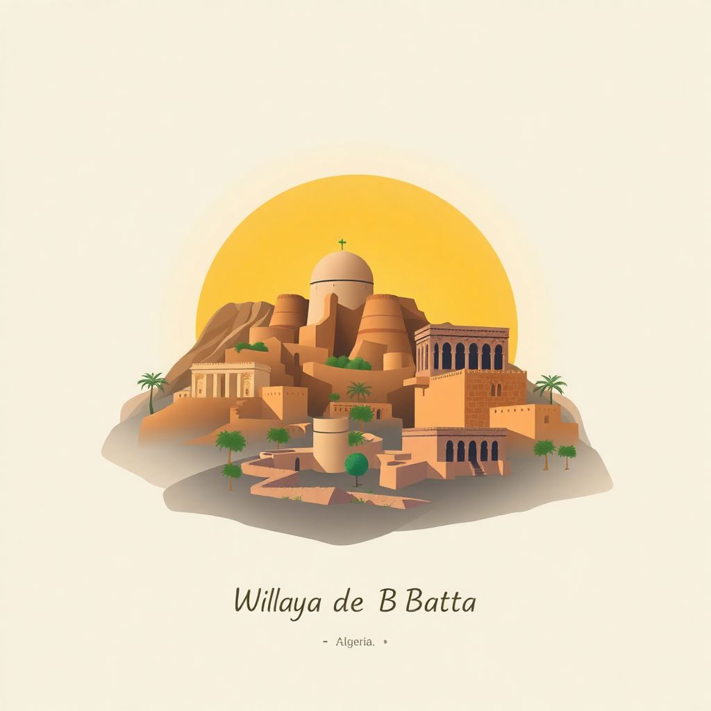 Gradient illustration style artwork of Wilaya de Batna, Batna, Algeria, featuring the Timgad archaeological site and the Numidian Tombs.