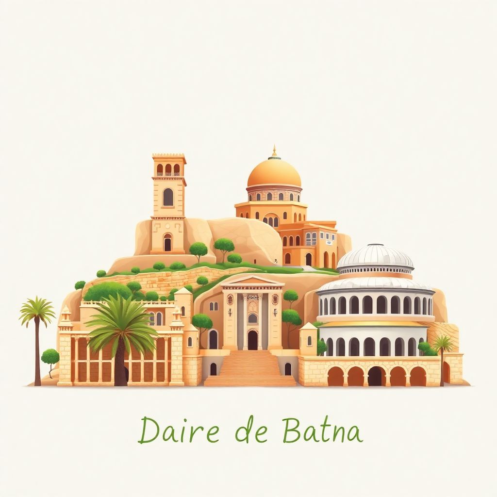 Ultra-high-definition gradient illustration of Daira de Batna, Batna, Algeria, featuring the Timgad Roman ruins and the Batna Regional Theater.