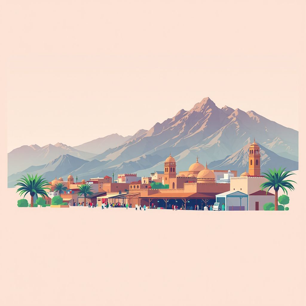 Ultra-high-definition gradient illustration style Daira d'Azazga illustration, showcasing the Azazga Market and the Atlas Mountains.