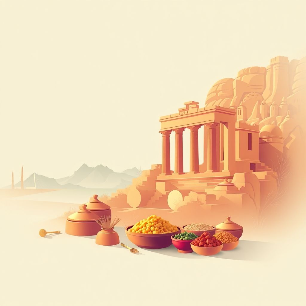 Ultra-high-definition gradient illustration of Commune d’Asla, Algeria, featuring the Roman city of Cuicul, Saharan Atlas Mountains, and traditional Algerian cuisine.