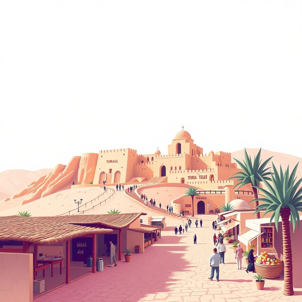 Ultra-high-definition gradient illustration style Daira d'Arris illustration, showing the unique charm of the Timgad Ruins and the local traditional market.