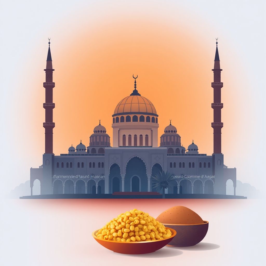 Gradient illustration of Commune d’Aouf, featuring the Great Mosque of Mascara and traditional Algerian cuisine.