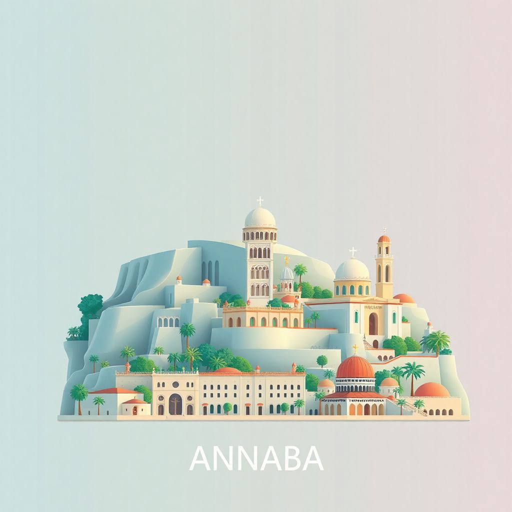 Ultra-high-definition gradient illustration style Annaba illustration, showing the unique charm of Hippo Regius and the Basilica of St. Augustine.