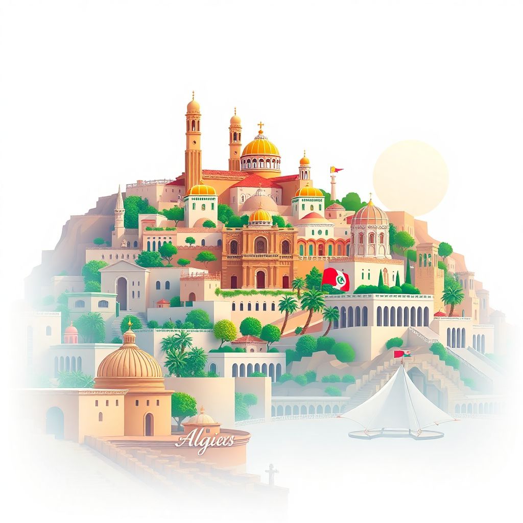 Ultra-high-definition gradient illustration of Algiers, featuring the Casbah of Algiers, Notre-Dame d'Afrique, and the Martyrs' Memorial.