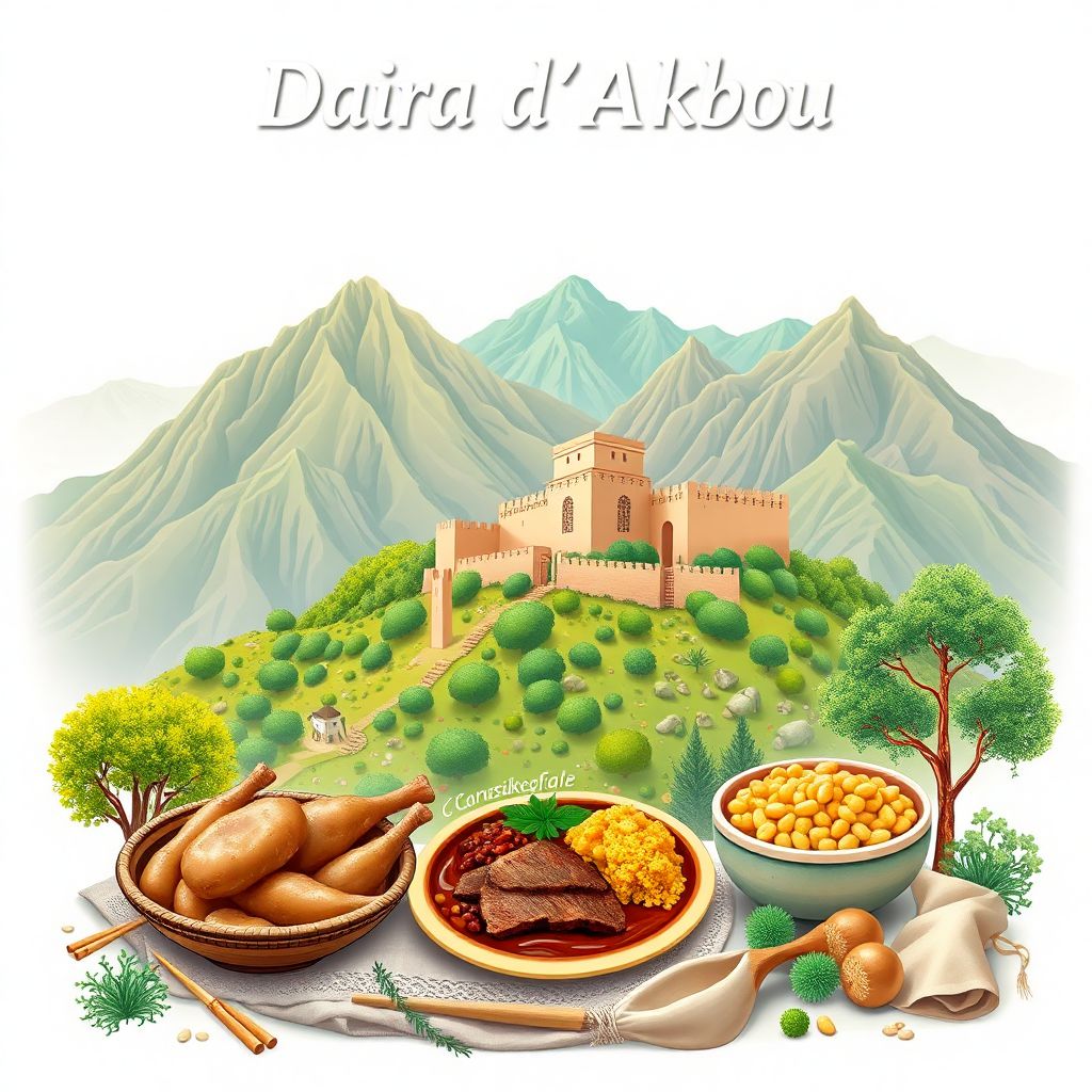 Ultra-high-definition gradient illustration style Daira d'Akbou depiction, featuring the Djurdjura National Park, Tala n'Takseft fort, and Kabyle couscous.