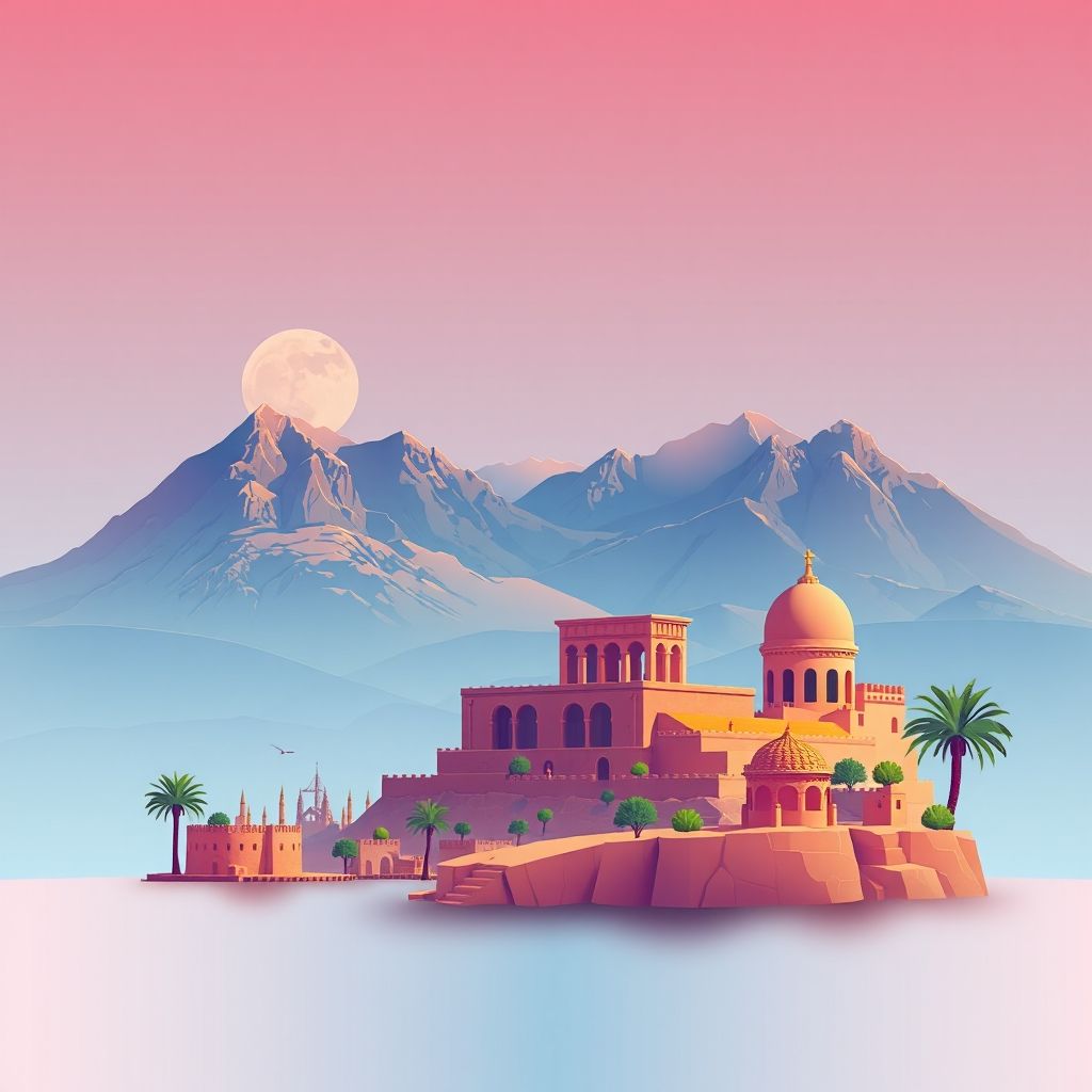 Ultra-high-definition gradient illustration of Aïn Yagout, featuring the ancient Roman ruins of Timgad, the Aurès Mountains, and local cuisine like couscous and méchoui.