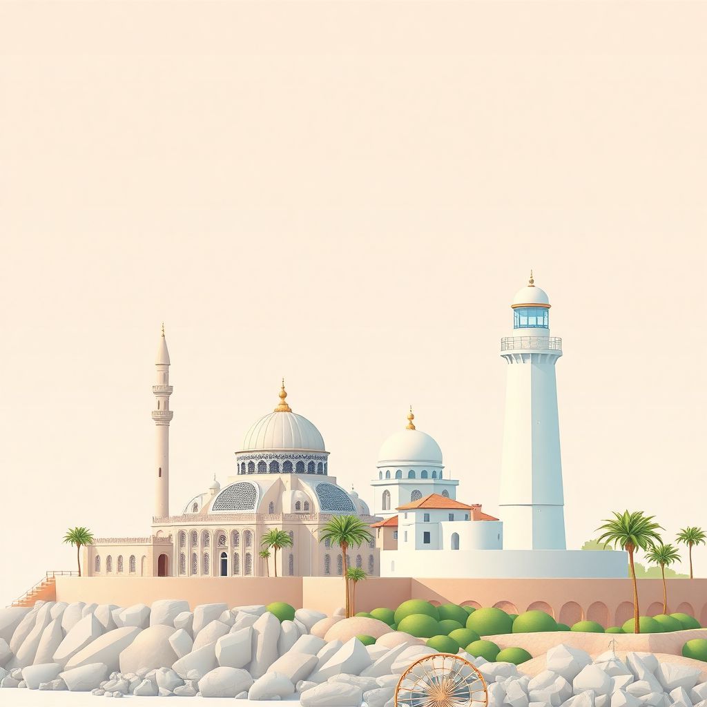 Ultra-high-definition gradient illustration style Ain Temouchent illustration, showing the unique charm of the Sidi Boumediène Mosque and the Ain Temouchent Lighthouse.