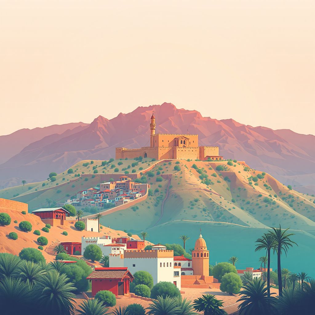 Ultra-high-definition gradient illustration of Daira d''Ain Sefra, Naama, Algeria, featuring Ain Sefra Fort, Atlas Mountains, and Berber textiles.
