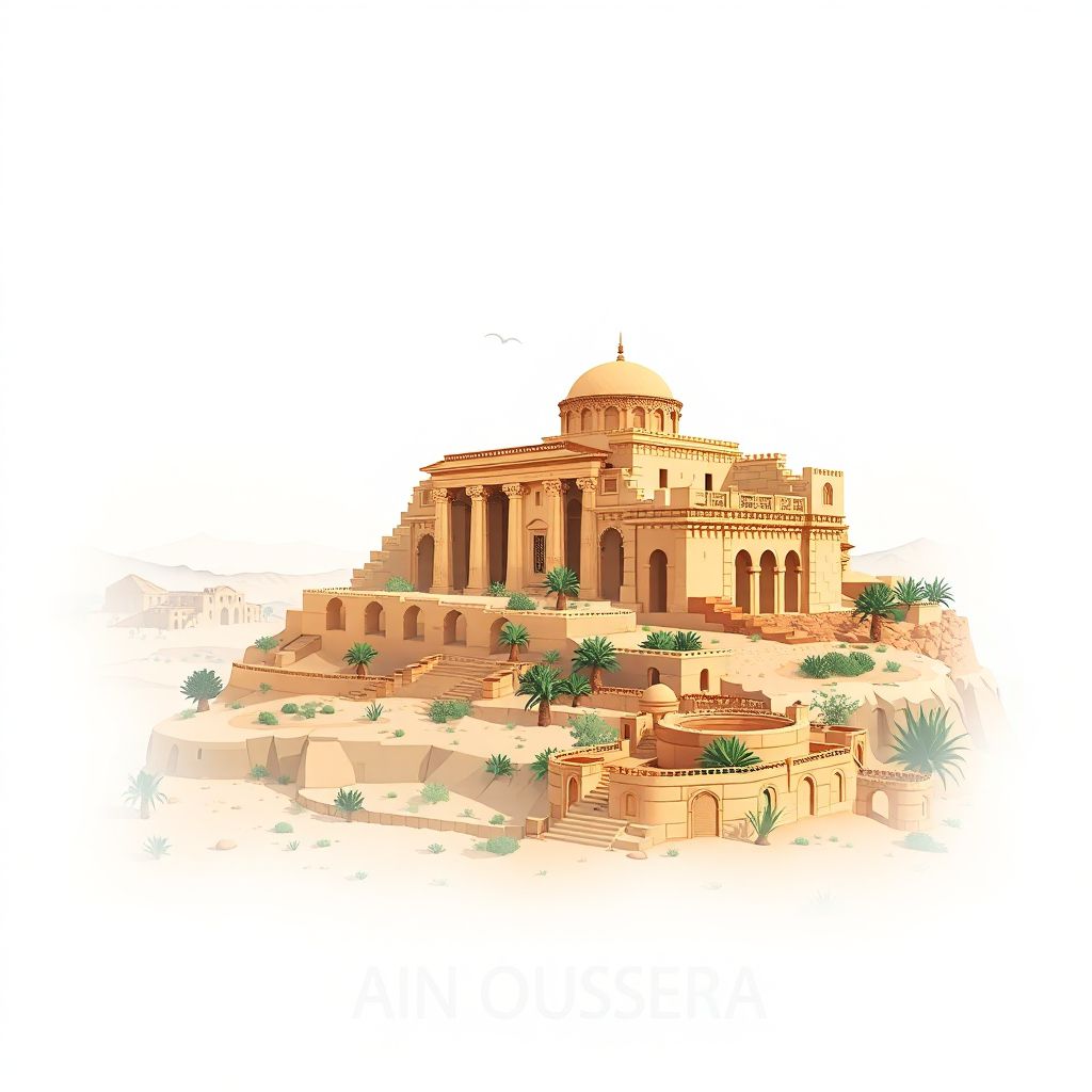 Ultra-high-definition gradient illustration style Ain Oussera illustration, showcasing ancient Roman ruins and beautiful Saharan landscapes.