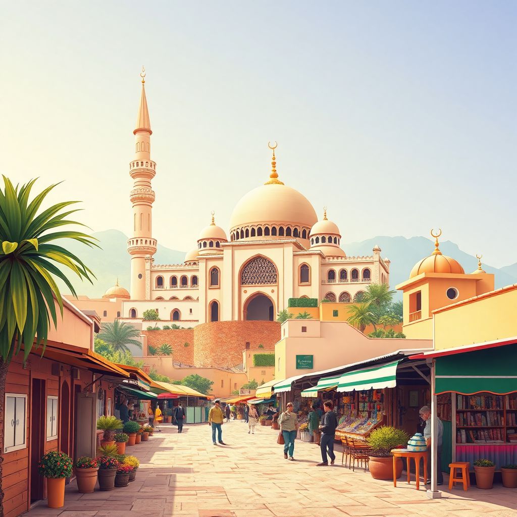 Ultra-high-definition gradient illustration of Ain Oulmene, Setif, Algeria, featuring the Great Mosque, local market, and couscous.