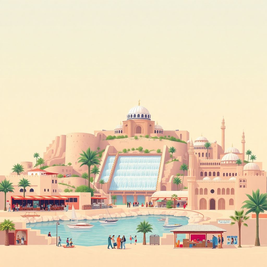 Ultra-high-definition gradient illustration style Daira d'Ain M'lila illustration, showing the unique charm of the Ain M'lila Dam, the local market, and the historic mosque.