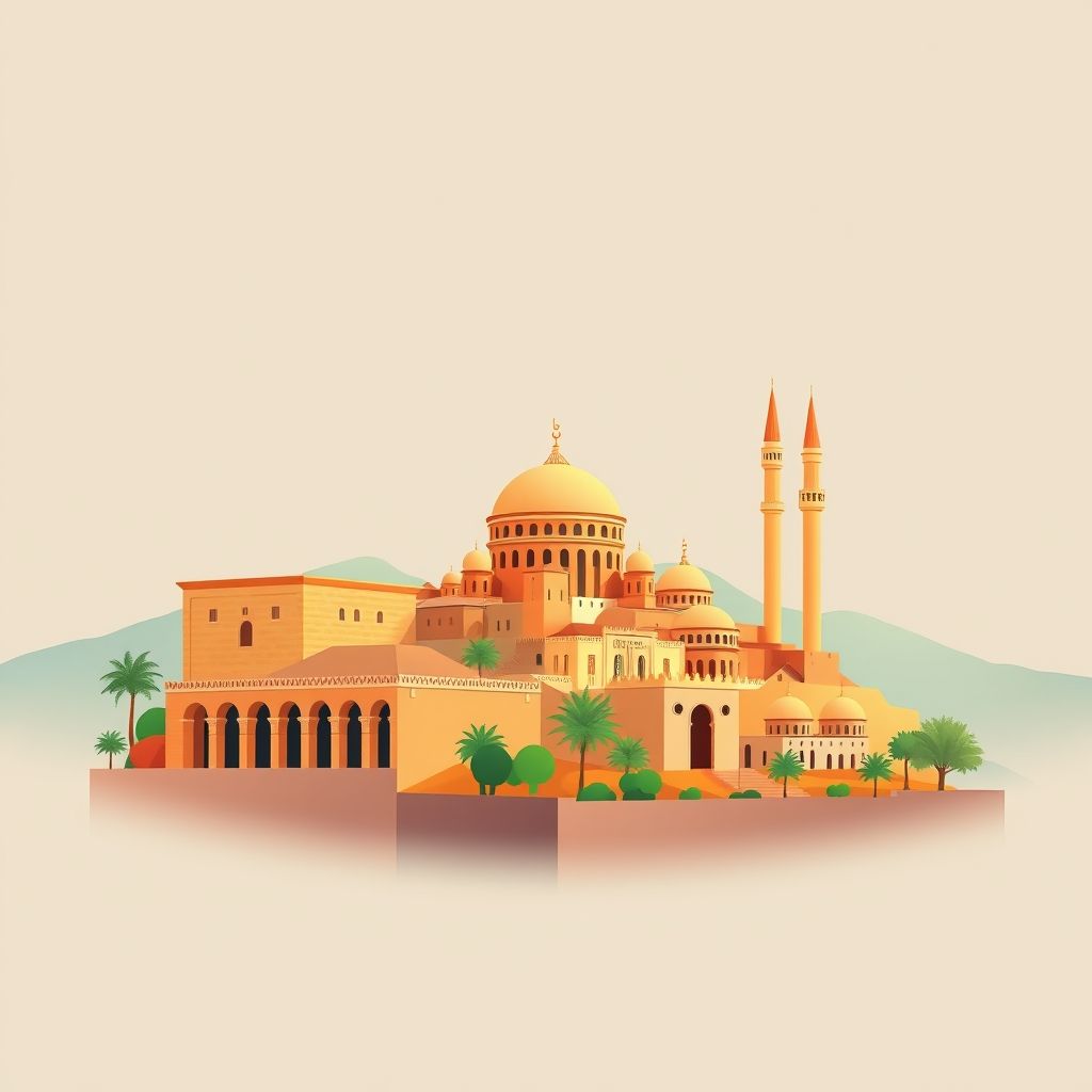 Ultra-high-definition gradient illustration of Aïn Larbi, Algeria, featuring historic Roman ruins, beautiful mosques, and local cuisine like couscous and tagine.