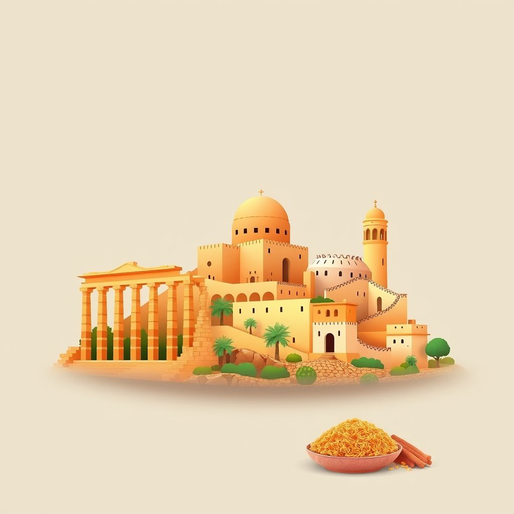 Ultra-high-definition gradient illustration of Commune d’Aïn el Melh, featuring ancient Roman ruins, traditional Algerian architecture, and couscous.