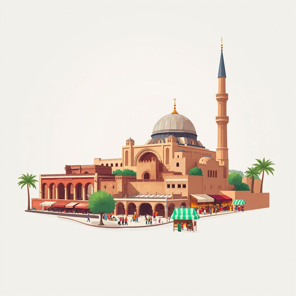 Ultra-high-definition gradient illustration style Daira d'Ain el Kebira illustration, featuring the Ain El Kebira Mosque, Roman ruins of Djémila, and Souk Ahras market.
